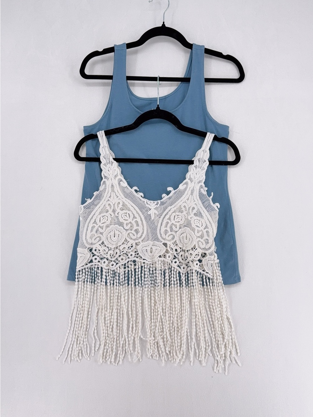 J jill Blue Tank with White Crochet Fringe Overlay - Women's Layered Top size M